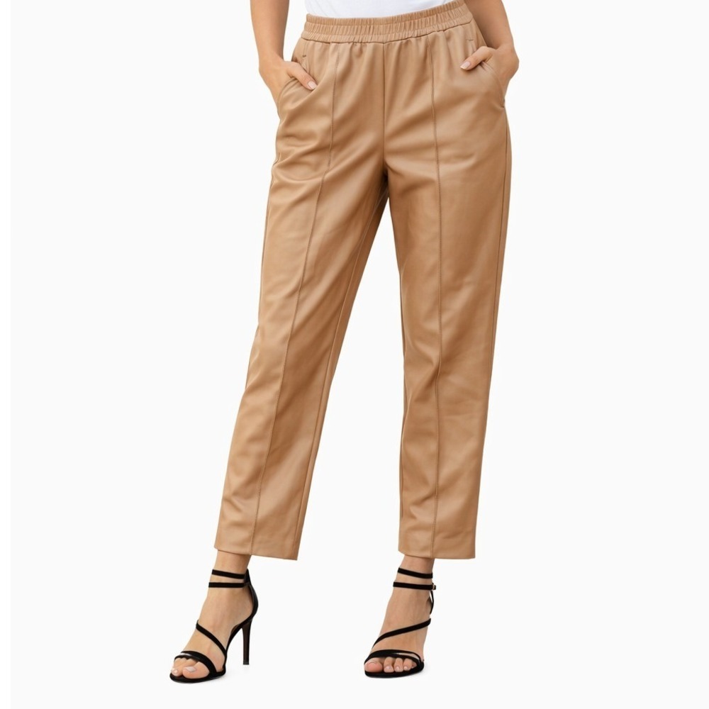 Maison d'Amelie Paris Camel Brown Faux Leather Pintuck Straight Leg Pants 10